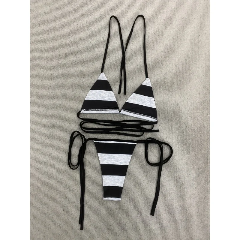 Summer black white striped letter printed cross rivet neck strap bikini set Summer subculture millennium gothic style bikini set
