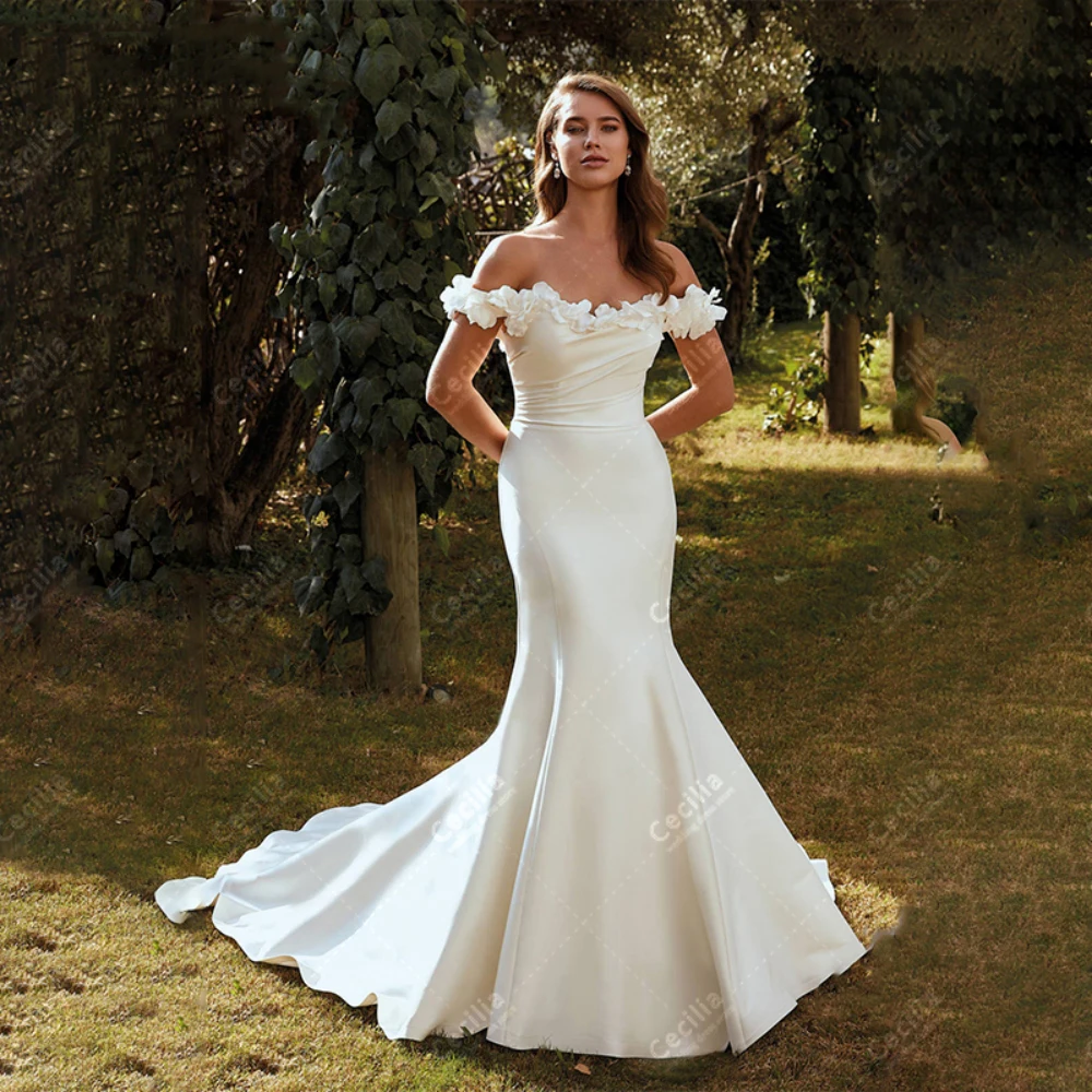 Elegante Brautkleider Satin Brautkleider von der Schulter scheide Meerjungfrau fegen Zug Roben für Bräute Vestidos de Novia 2024