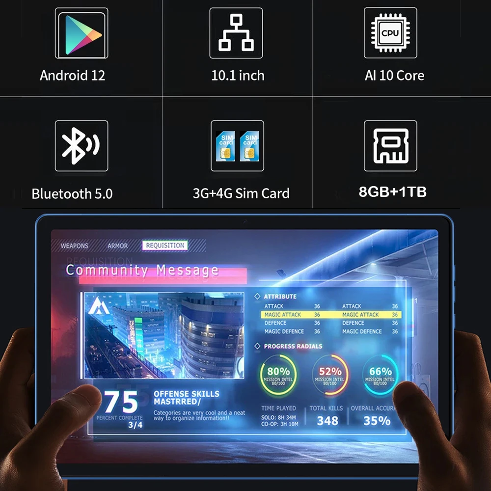Exibição completa Tablets, 10-Core, 8GB DDR, 256GB ROM, 4G, 5G LTE, GPS, Android 12, Tablet PC, Bateria Real, 8000mAh, 10,36"