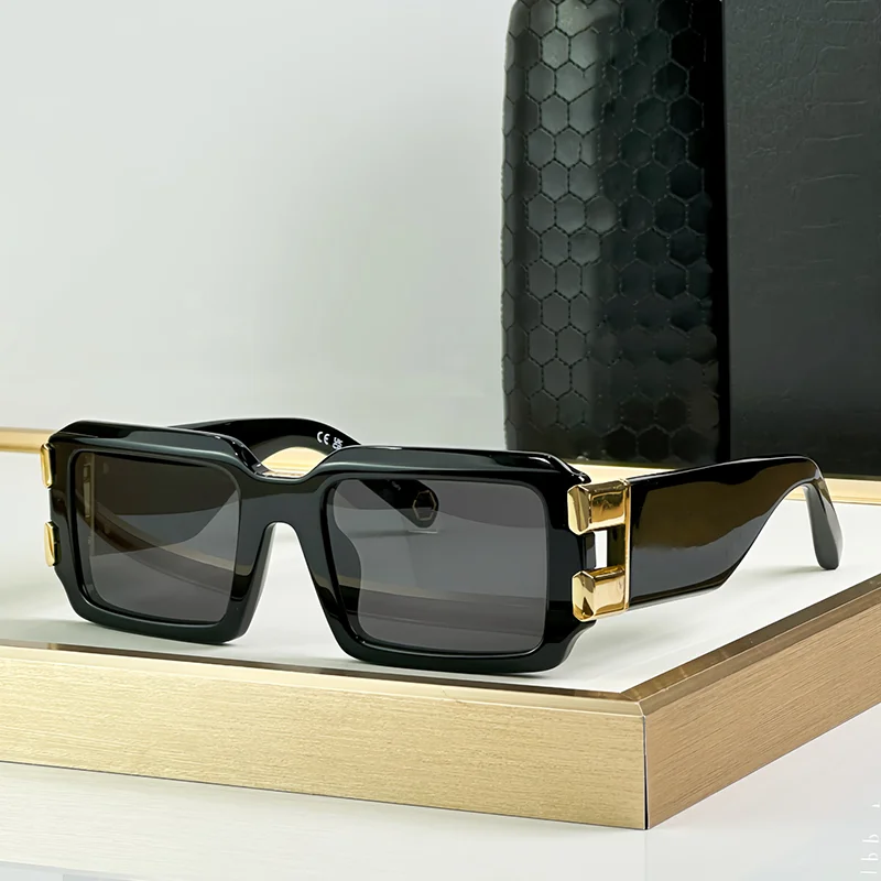 

Luxury Craft Square Black Gold Sunglasses for Men 2025 Trendy Original High Street Thick Acetate Solar Glasses for Male