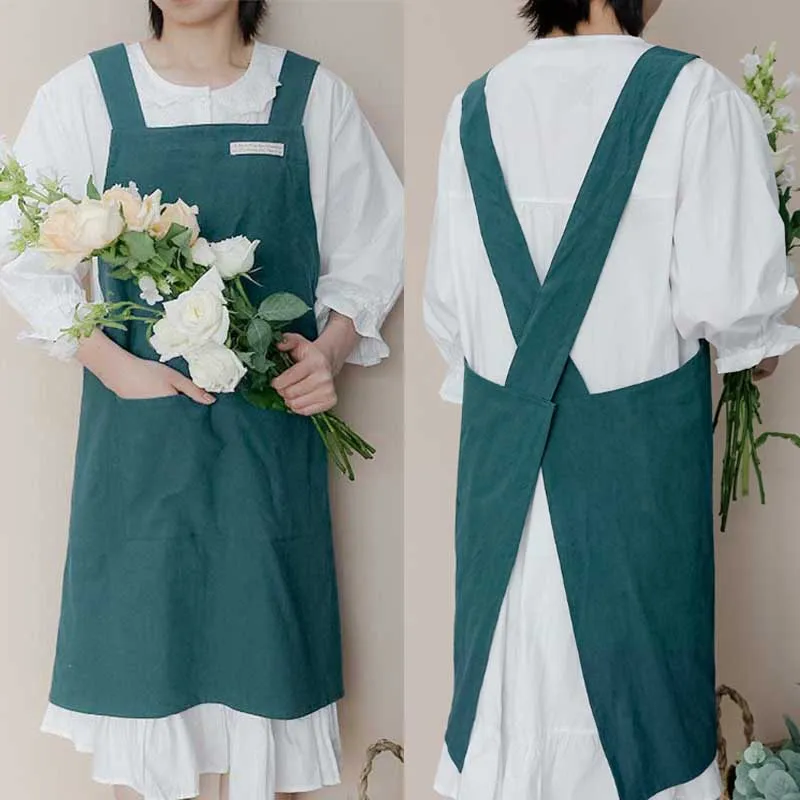 Stain-resistant Cotton Linen Cross-back Kitchen Apron With Pocket Plain Women\'s Pinafore For Cooking Cleaning Gardening Baking