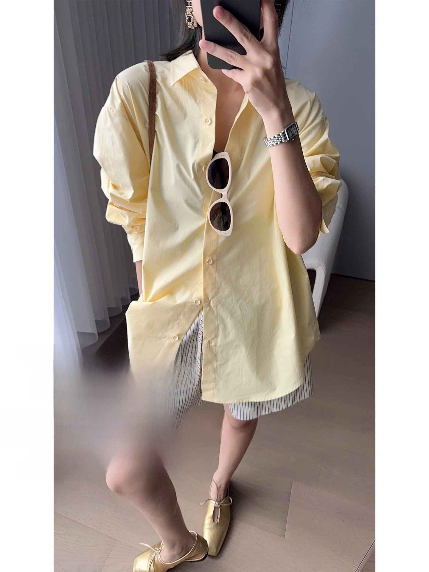 

Женская свободная рубашка MeiYang Soda с двумя пуговицами, воротником из чесаного хлопка, длинным рукавом, однотонная, на каждый день