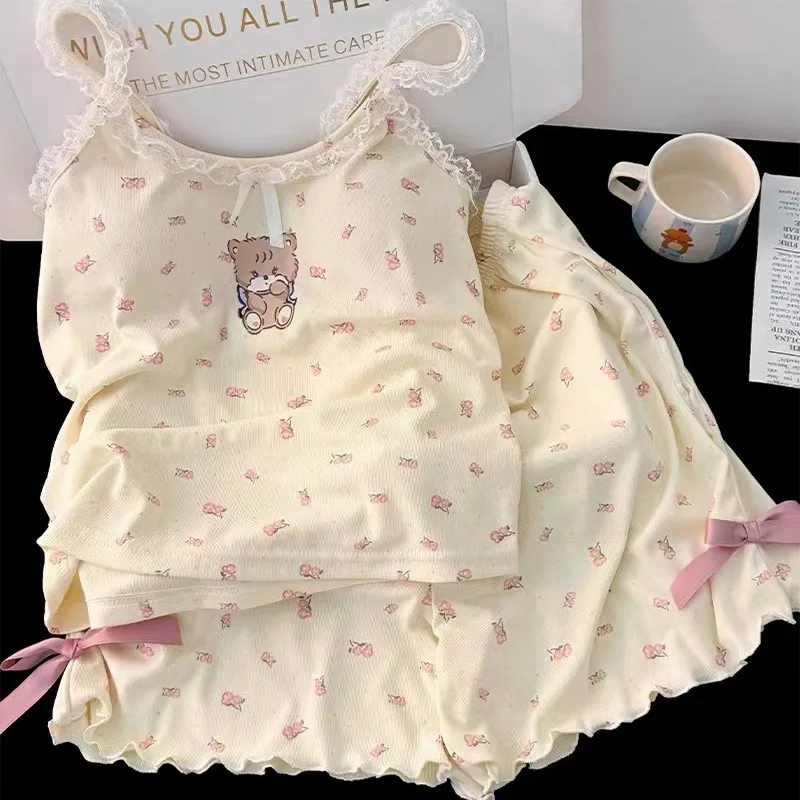 

Women's Homewear Set Cartoon Bear with Corset Lace Camisole Shorts Two-Piece Set Slim Breathable Pajamas Pajama Pants Set Women