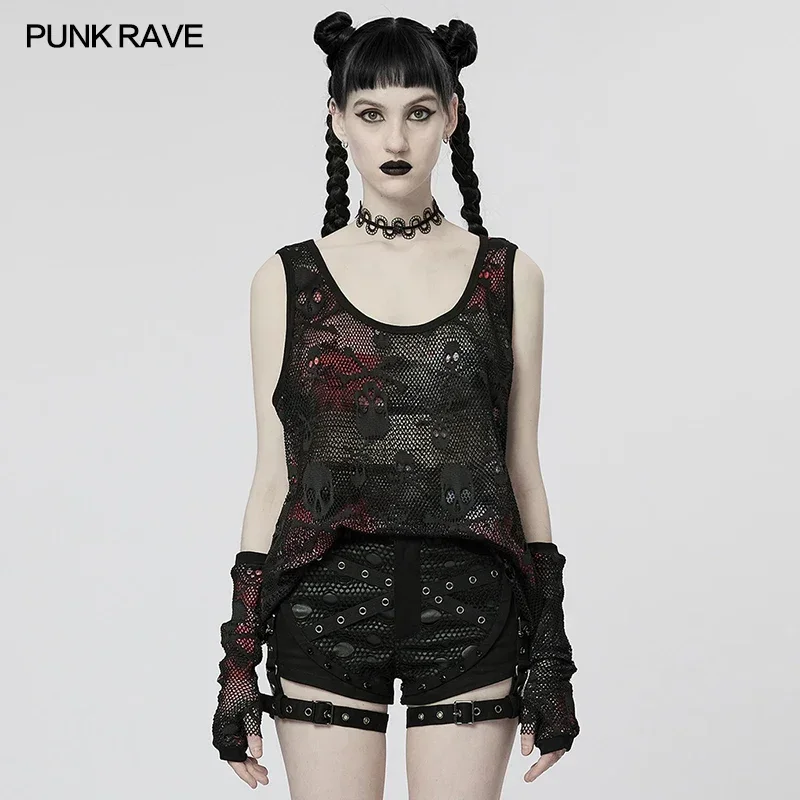 

PUNK RAVE Women's Punk Skull Double-layer Meshes Tank Top Independent Finger Sleeves Spring/Summer T-Shirt Women Tops 2 Colors