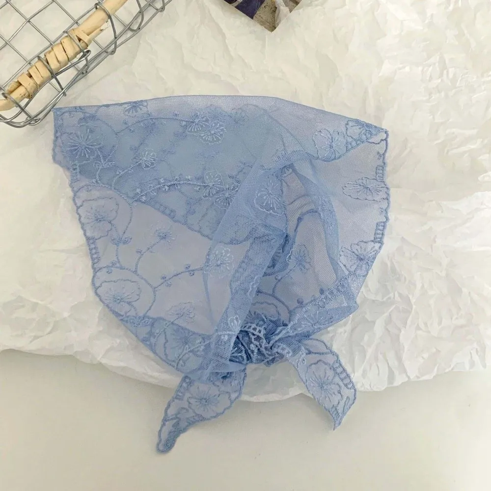 Breathable Lace Triangle Scarf Sunscreen Wraps Ramie Head Scarf Pastoral Style Lightweight Thin Embroidered Flowers Headband