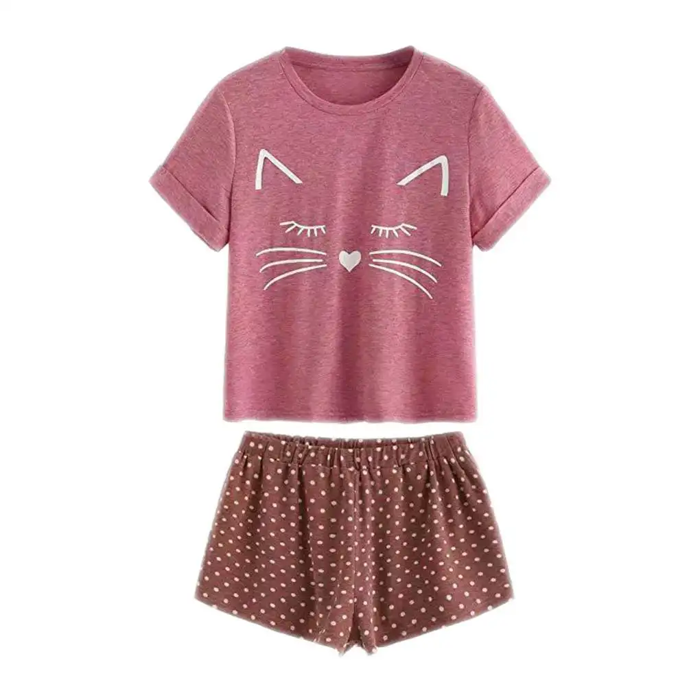 

Women's Casual Sleepwear Nightwear Set Pajamas Short Sleeve Cartoon Top Shorts