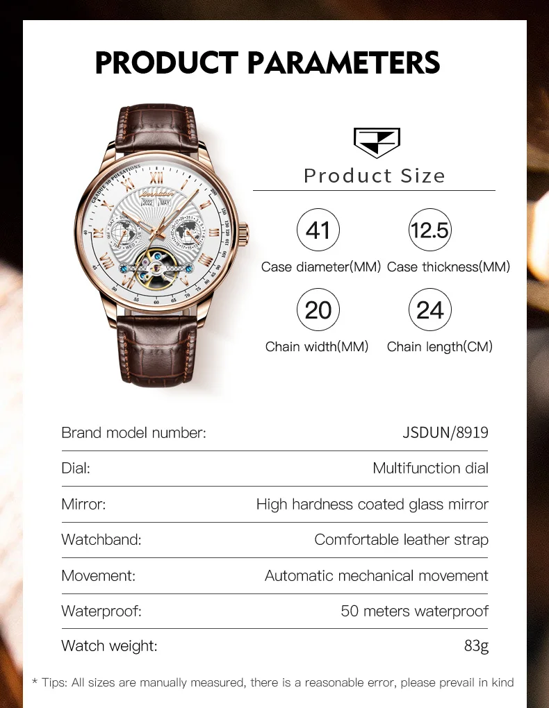 JSDUN High Quality Watch for Men Original Leather Strap Waterproof Wrist Watch Men Casual Luxury Automatic Mechanical Mens Watch