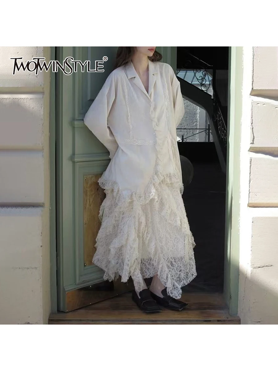 

TWOTWINSTYLE Solid Loose Spliced Lace Two Piece Sets for Women Lapel Long Sleeves Blouse High Waist Skirt Irregular Set Female