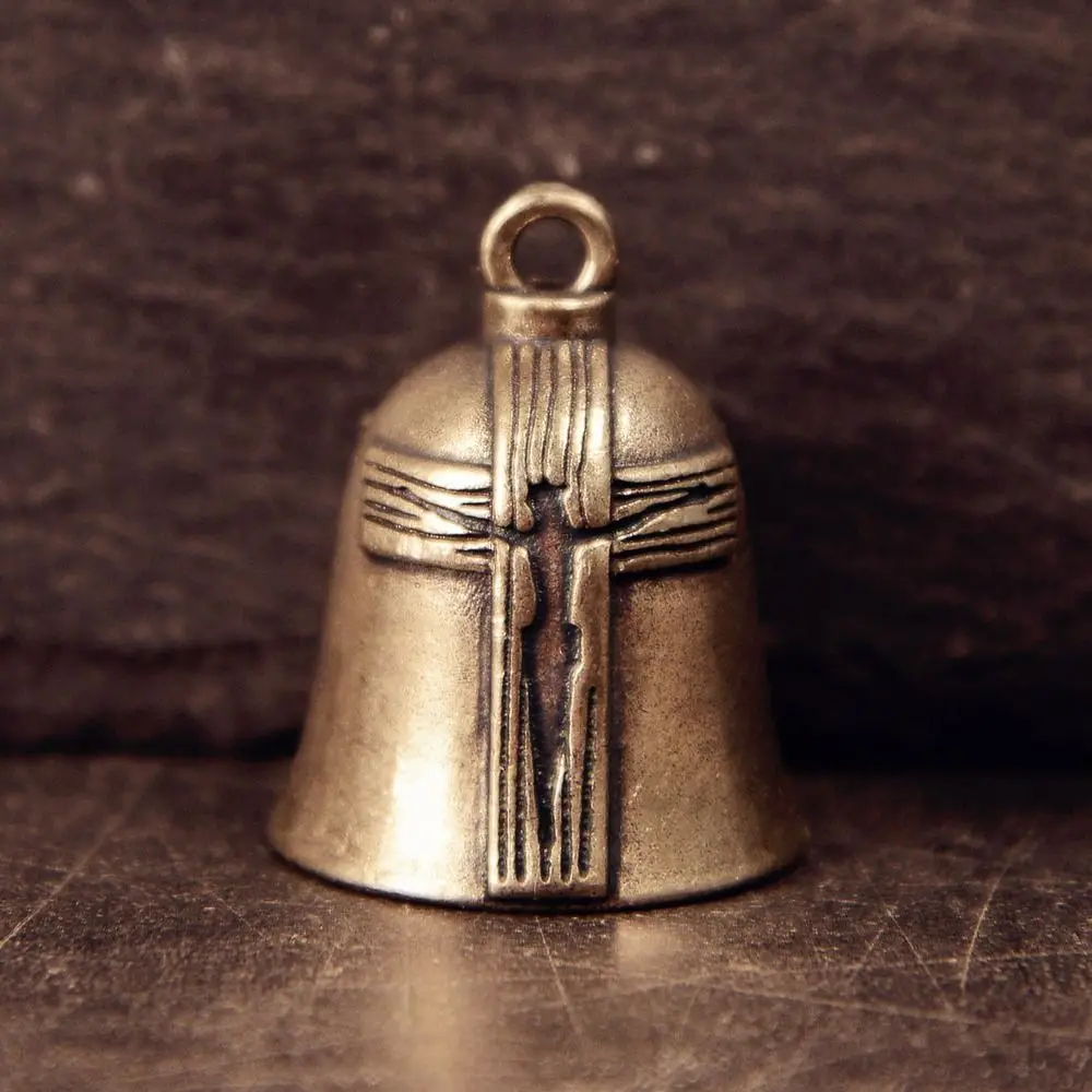 Vintage Raised Cross Bell Pendant Compact Antique-Style Evil Spirit Trap Bell Hanging Loop Grooved Biker Good Luck Charm Gifts