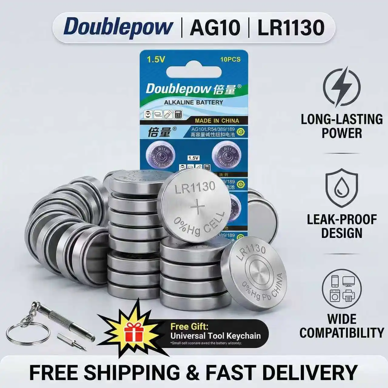 

Doublepow High Capacity AG10 LR1130 1.5V Button Cell Batteries Pack of 2-30pcs LR54 L1131 SR1130 Coin Cell Batteries for Laser W
