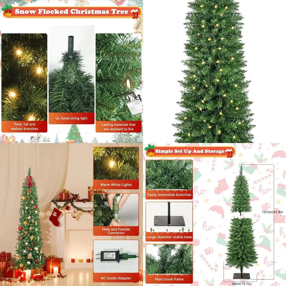 

Тонкая 5-футовая искусственная рождественская елка с предварительной подсветкой и теплыми белыми огнями