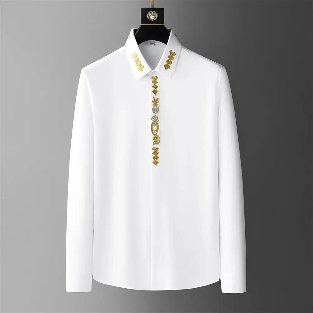 Luxury Gold Embroidery Slim Business Shirts for Men Long Sleeve  Collar Fleece Lined Thickened Autumn Special Wide Fit