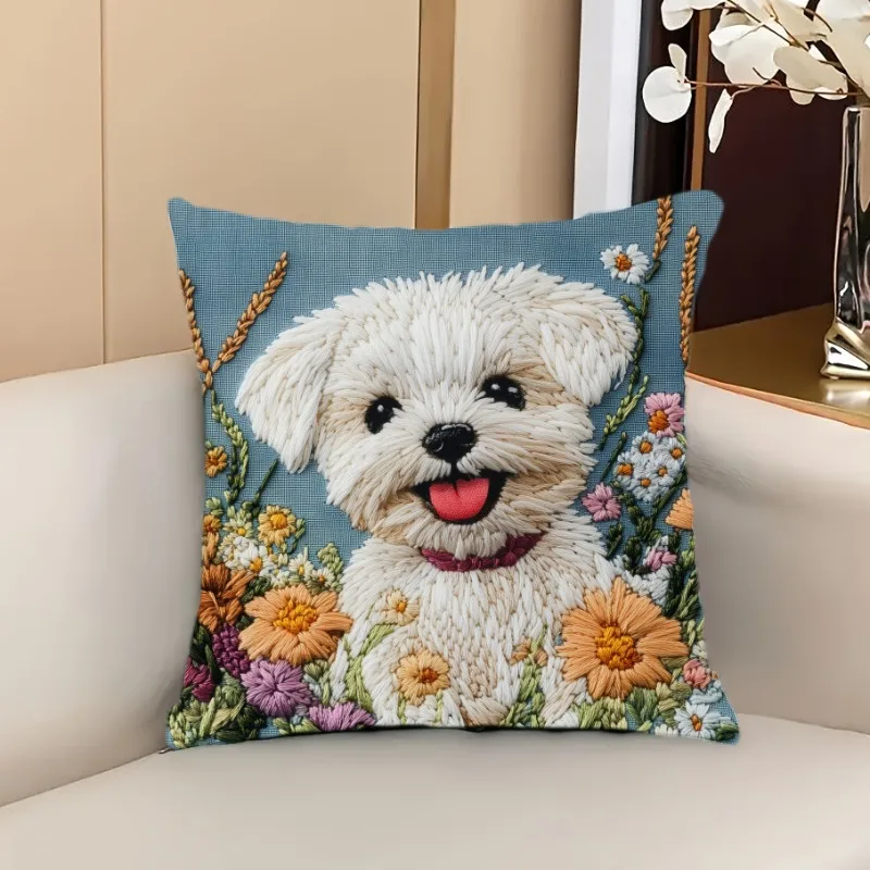 Floral Maltese Puppy Cushion Covers Chair Living Room Pillowcase Cozy Zipper Sofa Pillow Covers Bedroom Indoor Home Decor