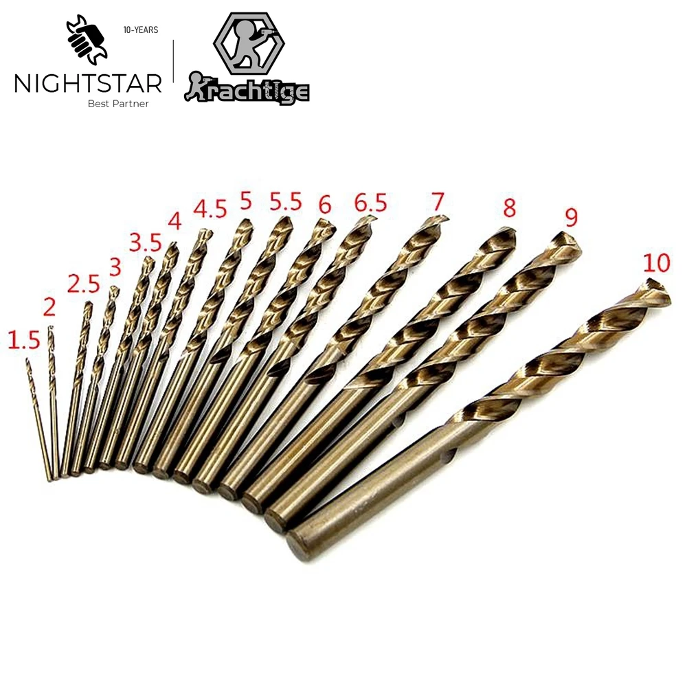 

Набор из 15 сверл HSS-CO M35 (1.5-10 мм) с кобальтом, длина 40-133 мм, для сверления дерева и металла