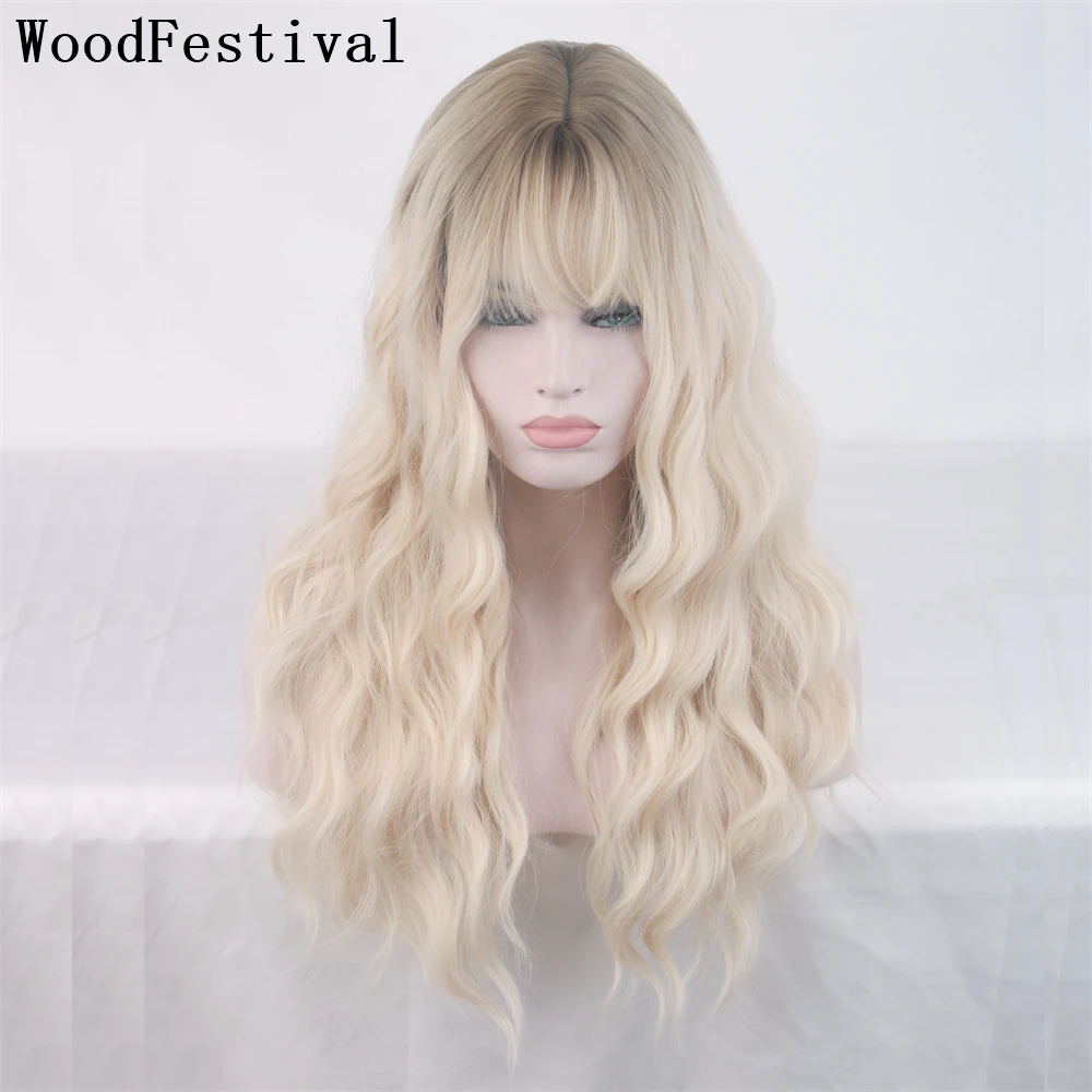 WoodFestival Synthetic Wigs For Women Ombre Long Hair Blonde Wig With Bangs Wavy Cosplay Party Purple Pink Orange Black White