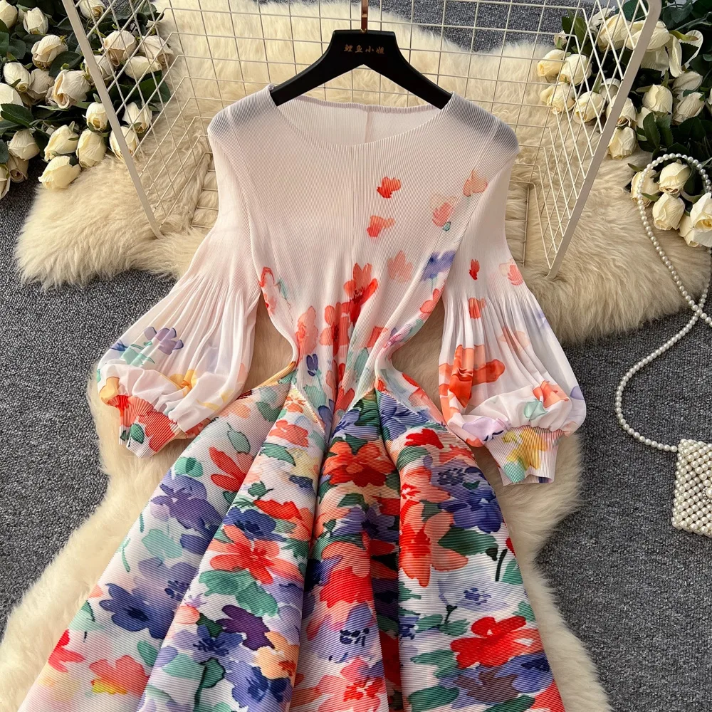 Miyake Pleated Print Dresses 2026 Summer New Round Neck Lantern Sleeve A-Line Flower Bud Dress Elegant Stretch Women's Clothing