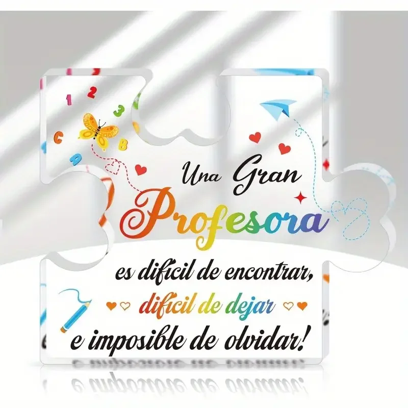 2D Flat, Teacher Appreciation Gift - Spanish Puzzle-Shaped Acrylic Plaque with Inspirational Quote, Colorful Hearts