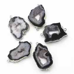 New Hot 5PCS Natural Stone Black Agates Slice Connectors Irregular Raw Onyx Druzy Pendants for DIY Jewelry Making  Wholesale