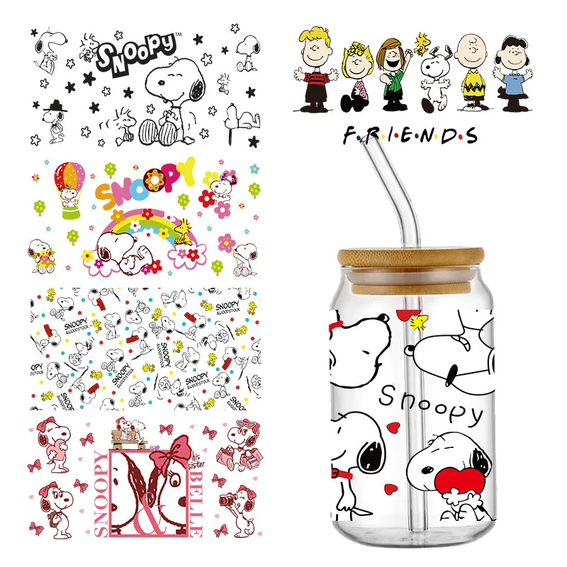 Cute Cartoon Snoopy UV DTF Transfer Glass Sticker Waterproof Transfers Decals For 16oz Glass Cup Wrap Stickers