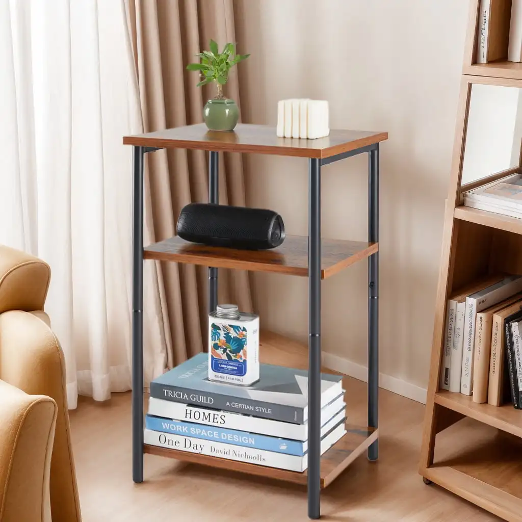 

End Table, 3-Tier Space-Saving Nightstand, Side Tables with Adjustable Feet, Rustic Brown