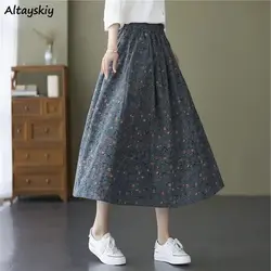 Skirts Women Spring Girls Folk-style Floral Printed A-line Elastic Waist Korean Fashion All-match Leisure Oversize L-5XL Retro