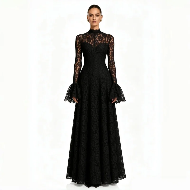 Elegant Black French Lace Maxi Dress Modest Vintage Trendy Women's Dresses Evening Party Wedding Guest Formal Street Soft Wear
