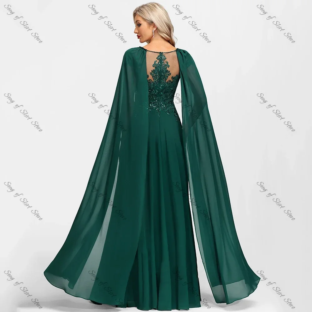 Customized O-Neck A-Line Emerald Mother of the Bride Dresses Side Slit  Lace Appliques Sequined Chiffon Wedding Guest Prom Gowns