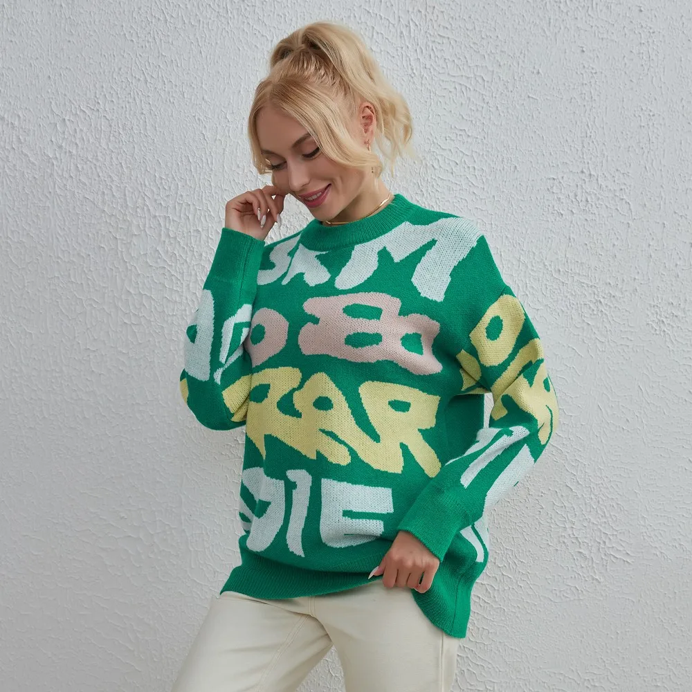 Round Neck Autumn And Winter Russian SerieS Loose Design SenSe Niche Letter Knit Women's Sweater