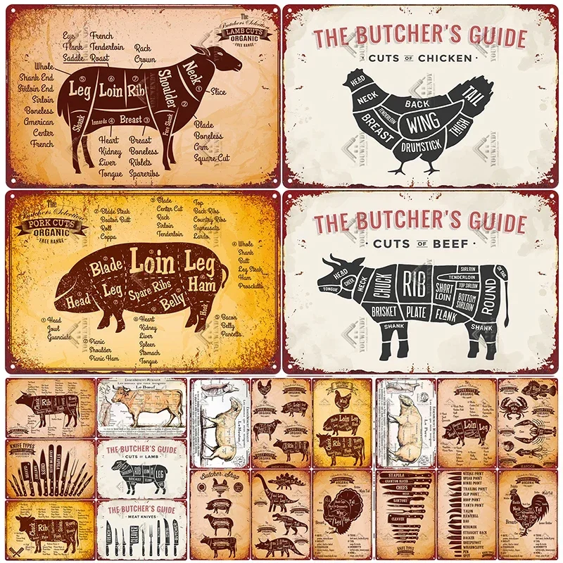 The Butcher's Guide Vintage-Metallschilder, Küchenplakat, Ausschnitte von Rindfleisch, Schweinefleisch, Ente, Fisch, Shop-Wanddekoration, Blechschild, 20 x 30 cm