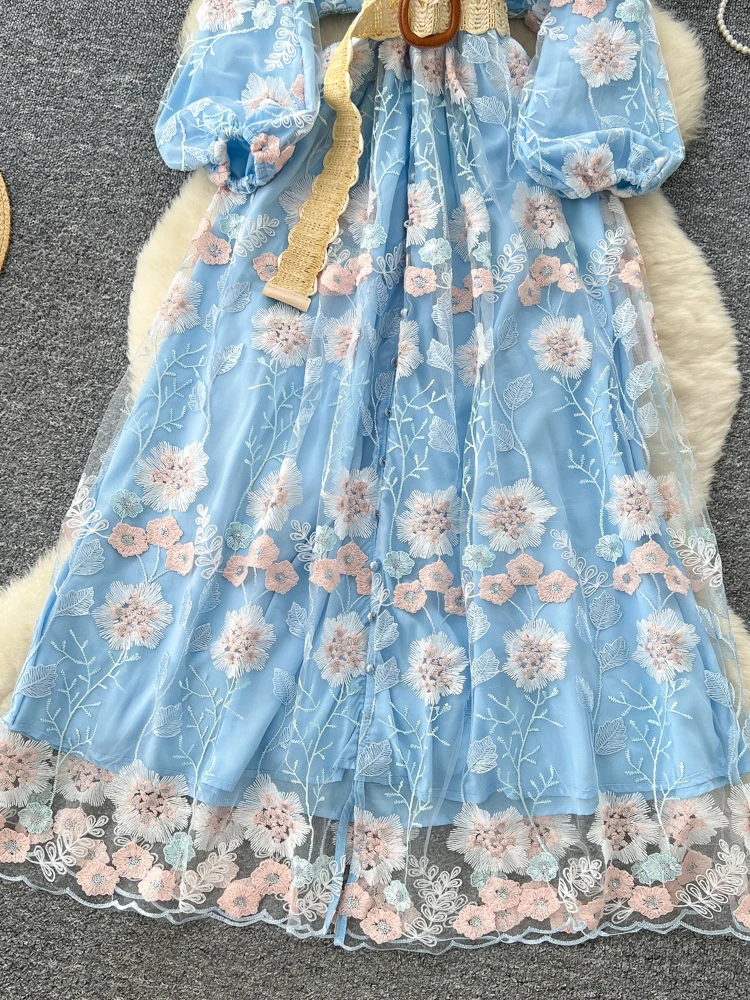 Ele ort Skirt with Lace Heavy Embroidery Belted Waist V-Ne Lantern Sve Women's Dr for Autumn Season