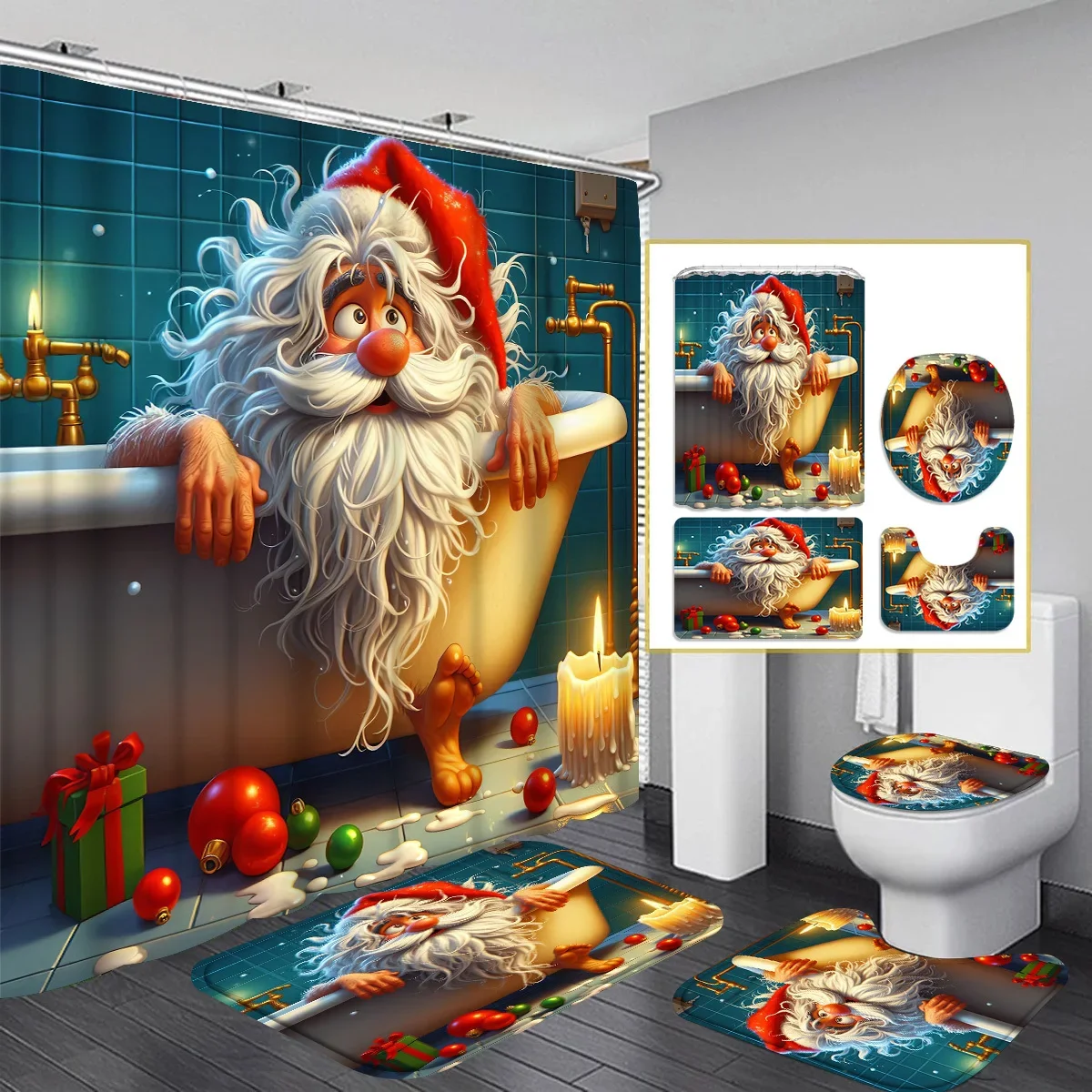 4pcs Woven Santa Claus Bathroom Set, Water-Resistant Shower Curtain with Hooks, Absorbent & Non-Slip Mat, U-Shape Toilet Cover