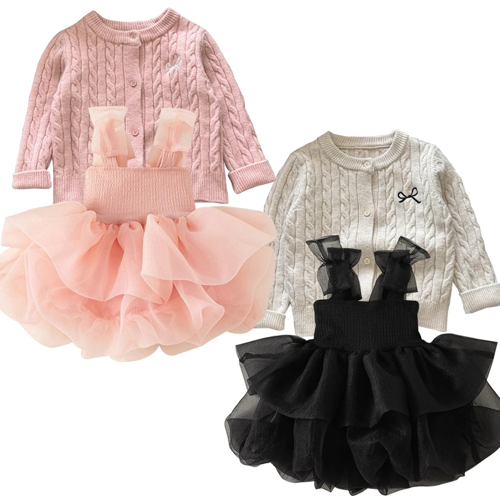 Autumn Baby Girls One Piece Black Dress+Cardigans Casual Children Clothing Infant Black Tutu Vestidos Baby First Birthday Dress