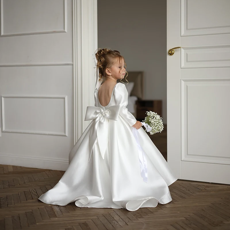 Eightree White Customized Flower Girl Dress Long Sleeve Puffy Flower For Wedding Birthday Party Prom Banquet Princess Ball Gown