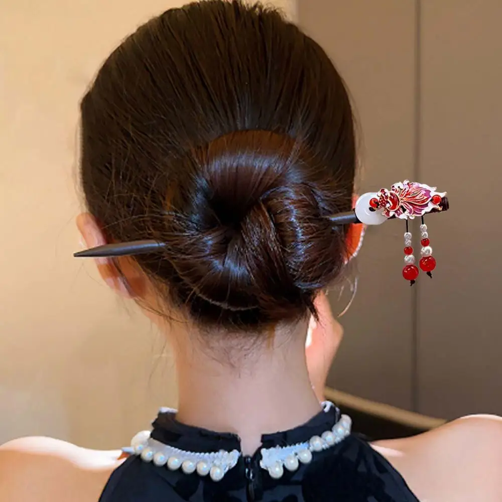 New Chinese Style Red Flower Hair Clip Tassel Hair Stick Floral Design Hairstyle Jewelry Accessory for Women Hairpin Hairneedle