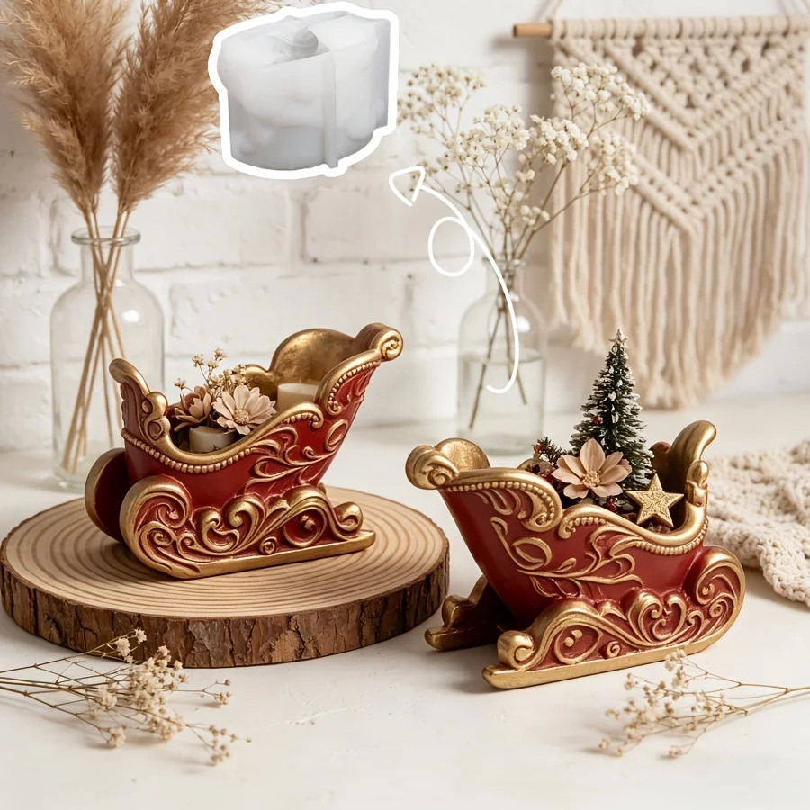 1/2 Stück europäische geschnitzte Weihnachtsschlitten-Silikonform, Silikonform für Gießharz, Gips-Zementform, wiederverwendbar, Weihnachtsgeschenk