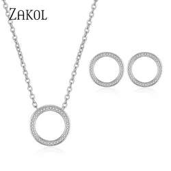 ZAKOL Fashion Sliver Color Circle Stud Earrings Necklace Set for Elegant Women Simple Zirconia Crystal Wedding Jewelry SP3016