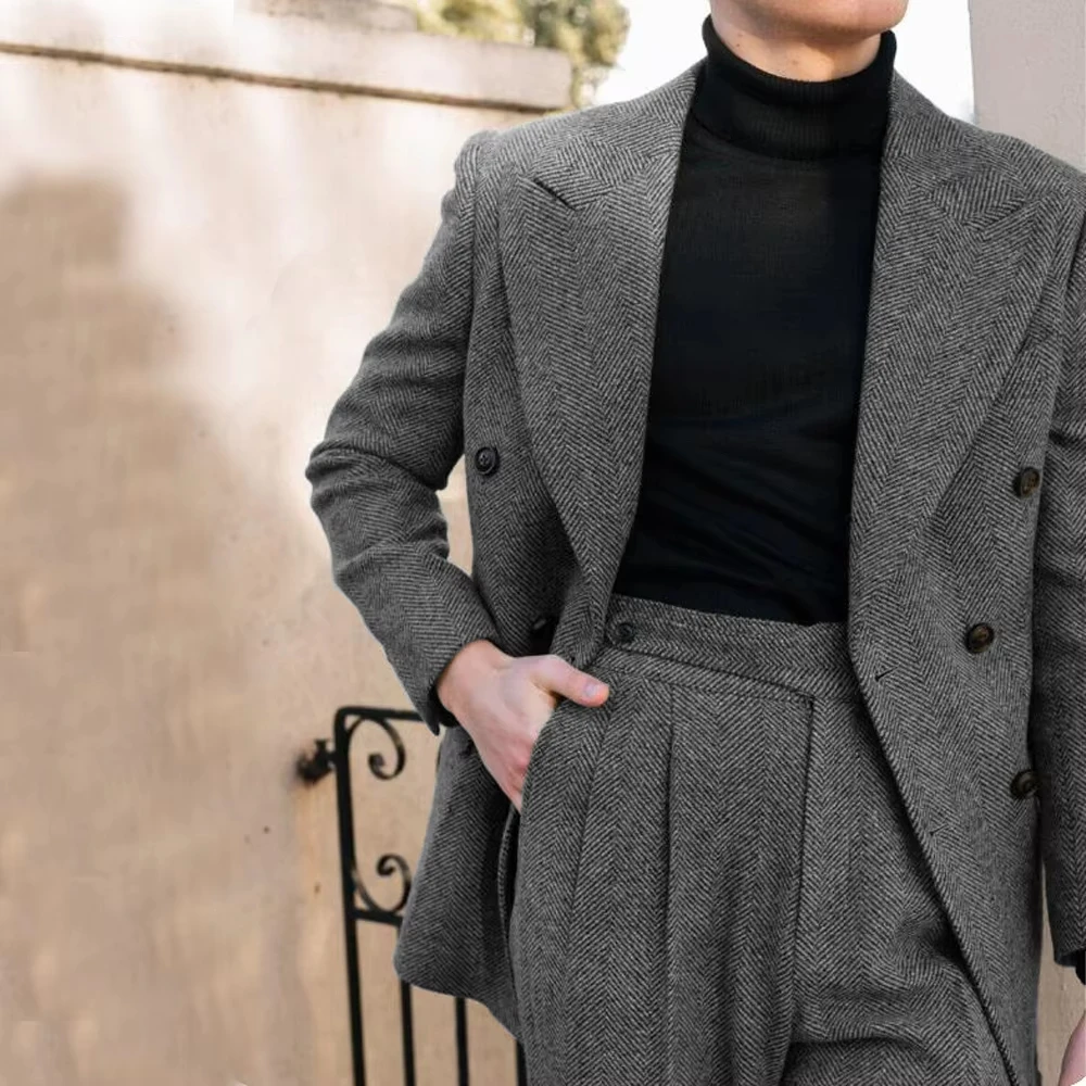 Herrenanzug mit Fischgrätenmuster, Herbst-Winter-Blazer, Hose, 2-teiliges Set, Revers, zweireihig, Smoking, Bräutigam, Party, Business, maßgeschneidert