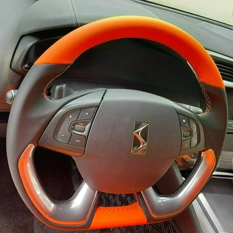 Hand Stitched renovate wear-resistant Anti-slip Black wine red leather Steering wheel cover For Citroën DS 5 / DS6 2014‑2019
