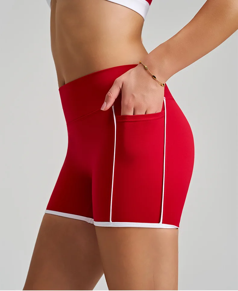 Women's Contrast Trim Biker Shorts with Side Pockets, Stretch Yoga Workout Shorts for Gym Running Fitness