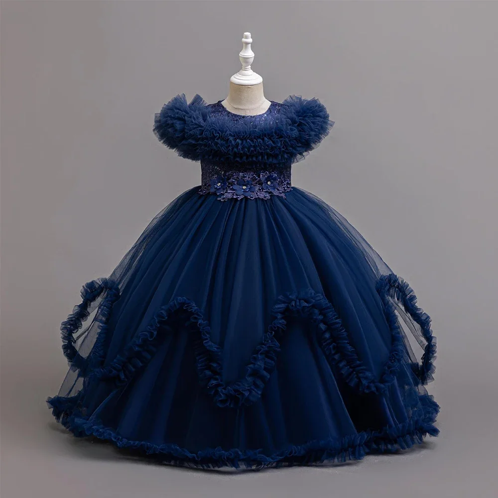 Long Flower Girl Party Dresses For Wedding Guest Kids Bridesmaid Christmas Red Blue Lace Tulle First Communion