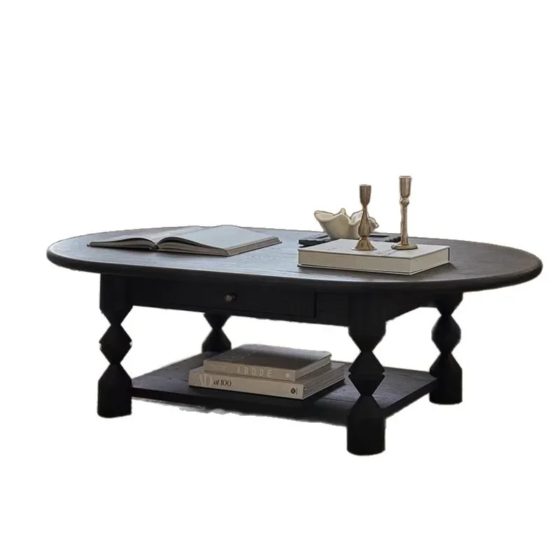 

French oval solid wood coffee table small apartment American retro double-layer drawer tea table black medieval log tea table