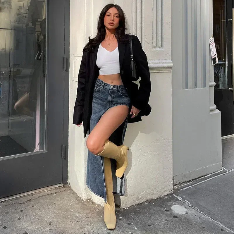 2023 sommer Split Heraus Denim Rock Jeans Frauen Casual Langen Rock Niedrigen Taille Jean Streetwear Neue Midi Bleistift Rock Y2k neue
