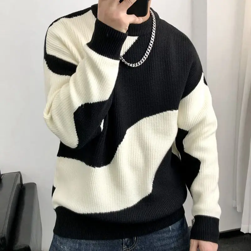 

Contrasting Colors Patchwork Pullovers Knitted Autumn Winter Round Neck Men's Clothing Casual Loose Basic Long Sleeve Sweaters