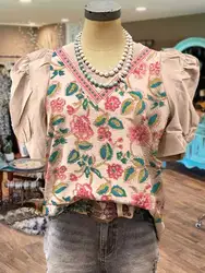 Blusa con estampado Floral para mujer, camisa elegante con manga abombada y cuello en V, Jersey informal con estampado de flores