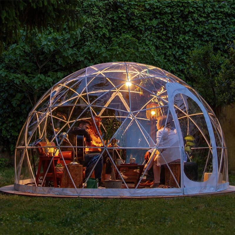 For Restaurants 6m/9m/11m Transparent Geodesic Dome Tent Igloo Glamping with Bathroom Stove and Seating Area for Rooftop