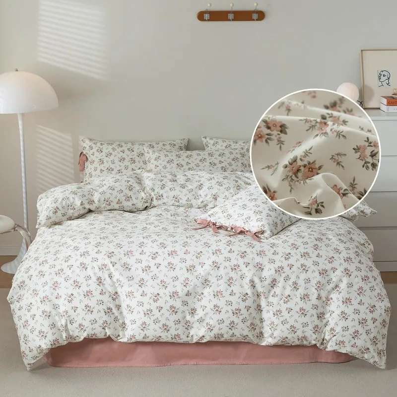 Vintage Style Pink Floral Comforter Set Queen Girls White Fluffy Microfiber Chic Garden Floral Bedding Set with 2 Pillowcases