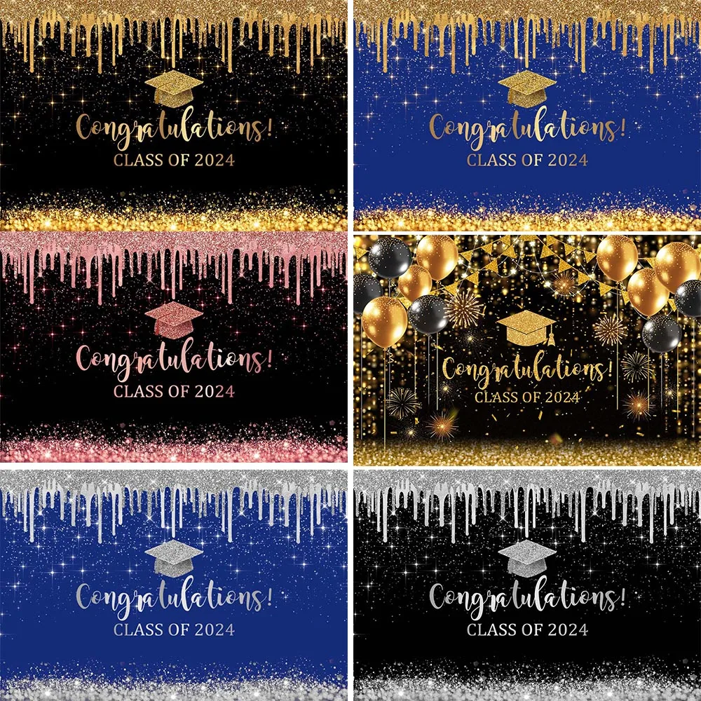 

Graduation Celebration of 2024 Decor Photography Background Poster Baby Bachelor Hat Gold Glitter Ribbon Backdrop Studio Photo