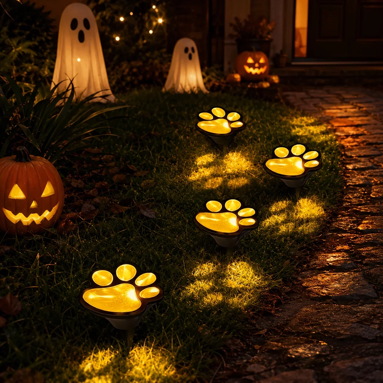 4pcs Solar Animal Paw Print Lights, LED Cat Paw Garden Lamps for Outdoor Lawn Pathway Yard Patio Christmas Holiday Decor