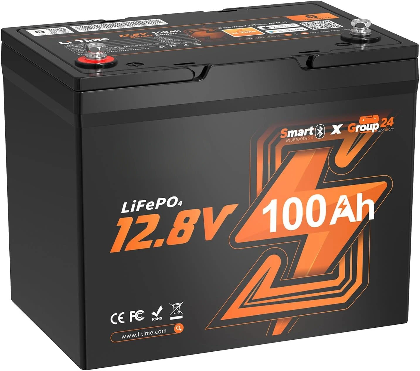 Group 24 Bluetooth LiFePO4 Battery, Deep Cycle Lithium Battery, Built-in 100A BMS with Low-Temp Protection, Max. 15000 Cycles