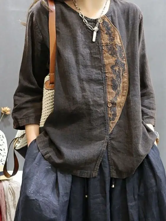 Retro Style Women's Cotton Linen Shirt Three-Quarter Sleeve Embroidered Loose Fit Elegant Casual Top Chinese Style Floral Pat...